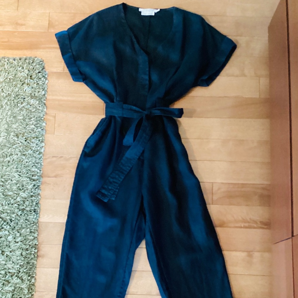 Belted Short-Sleeve Linen Jumpsuit, black - Picture 2 of 4